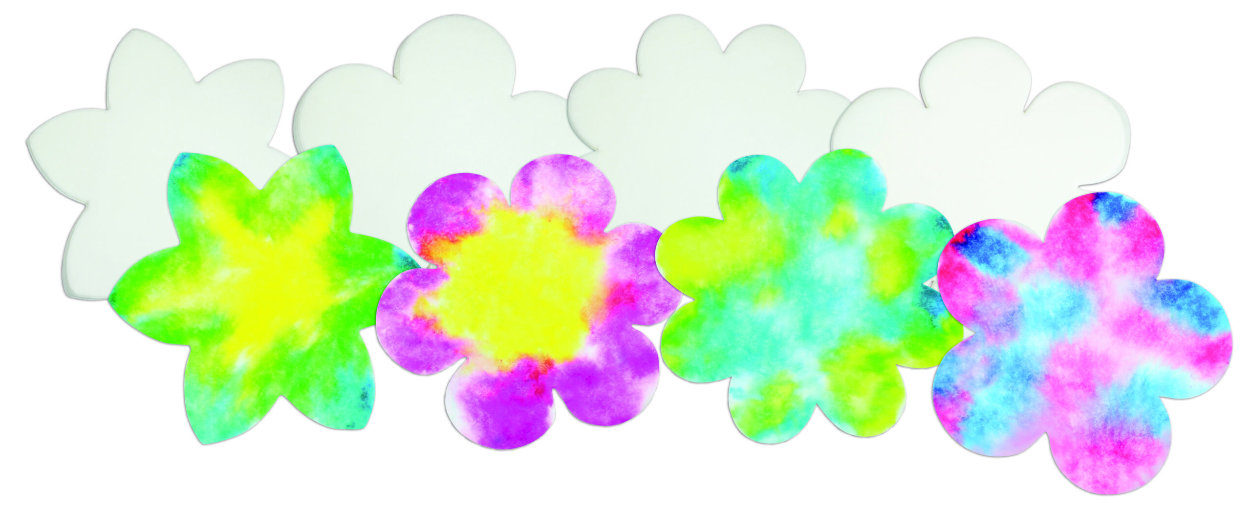 Color diffusing shapes, colorful flower diffusing papers, pink flowers, blue flowers, yellow flowers, paint flowers