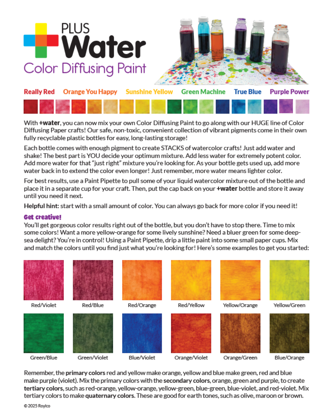 Roylco color mixing guide, pluswater color diffusing paint, liquid water color paint