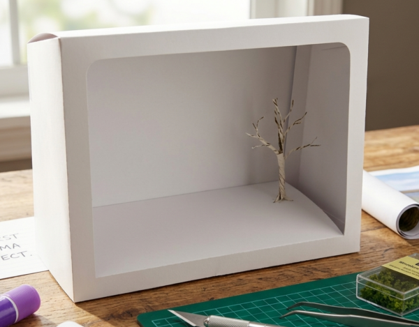 A school diorama box in progress with background scenery added and space for figures and props