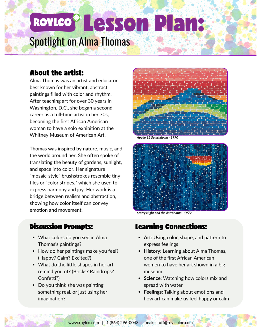 Roylco Spotlight on alma thomas lesson plan, pluswater color diffusing paint lesson plan, lesson with paint
